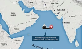 Bản đồ mô tả vị trí của con tàu chở hàng của Israel bị tên lửa Iran bắn trên Biển Ả Rập