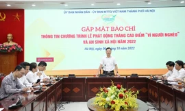Ông Nguyễn Sỹ Trường - Phó Chủ tịch Ủy ban MTTQ Việt Nam thành phố Hà Nội thông tin tới báo chí về Chương trình lễ phát động Tháng cao điểm "Vì người nghèo" và an sinh xã hội năm 2022
