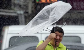 Một người đàn ông Đài Loan bị lật ô giữa cơn mưa bão. Ảnh AP