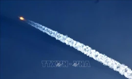 Tên lửa đẩy Trường Chinh 5B Y4, mang theo module Mộng Thiên, được phóng vào quỹ đạo từ bãi phóng Văn Xương, tỉnh Hải Nam, miền Nam Trung Quốc ngày 31/10/2022. Ảnh: THX/TTXVN