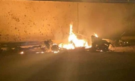 Xe ô tô bốc cháy sau vụ không kích do Mỹ tiến hành tại sân bay quốc tế thủ đô Baghdad, Iraq, ngày 3/1/2020. Ảnh: ANI new