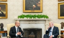 Tổng thống Mỹ Joe Biden tiếp Thủ tướng Ukraine Shmyhal tại Nhà Trắng. (Nguồn: Twitter)