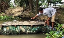 Nông dân làm bè vượt sông bằng vỏ chai nhựa