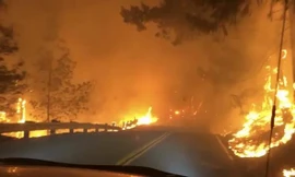 Ôtô băng qua biển lửa trong cháy rừng ở California, Mỹ