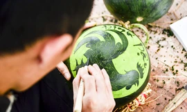 Những ngày trước Tết Nguyên đán tại chợ, cửa hàng,... bày bán nhiều loại cây cảnh như đào, quất,... trong đó có những trái dưa hấu được trạm khắc tỉ mỉ.