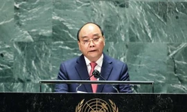 Chủ tịch nước Nguyễn Xuân Phúc phát biểu tại Phiên thảo luận Cấp cao Đại hội đồng Liên Hợp Quốc lần thứ 76. (Ảnh: TTXVN)
