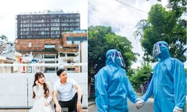 Hai vợ chồng Trân Trân - Công Anh cùng nhau trong bộ đồ chống dịch 