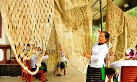 Bà Trương Thị Thống, Tổ trưởng Tổ hợp tác sản xuất võng gai ở xóm Long Thọ, xã Giai Xuân chia sẻ về cách làm võng gai