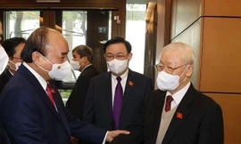 Tổng Bí thư Nguyễn Phú Trọng và các đồng chí lãnh đạo Ðảng, Nhà nước dự phiên khai mạc. Ảnh: Như Ý