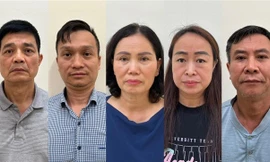 Các đối tượng Nguyễn Thanh Phong, Đinh Quang Minh, Nguyễn Thị Minh Hải, Lê Thị Hiên, Cao Văn Trung (theo thứ tự từ trái qua) Ảnh: Bộ Công an cung cấp