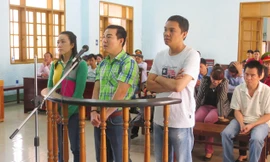 Trần Quốc Mỹ (áo trắng) cùng các bị cáo hầu tòa.