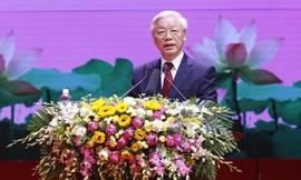 Tổng Bí thư Nguyễn Phú Trọng đọc diễn văn tại Lễ kỷ niệm 125 năm ngày sinh Chủ tịch Hồ Chí Minh. Ảnh: Như Ý