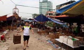 Chợ họp ở một bãi đất trống gần cầu vượt nút Văn Cao - Hồ Tây, thay cho chỗ cũ đã bị giải tỏa.