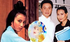 Vu Phong trong vai nữ hiệp Tôn Nhị Nương (trái) và ảnh chụp cùng cố tài tử Trương Quốc Vinh.