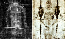 Hình ảnh người đàn ông râu quai nón với các dấu vết tra tấn trên tấm vải được cho là Chúa Jesus. Ảnh: EPA.