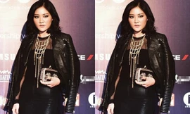 Cây đồ da già dặn không phù hợp với độ tuổi của Văn Mai Hương. Bên cạnh đó, kiểu tóc và cách trang điểm đậm đà khiến cô trở nên dữ dằn.