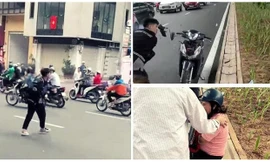 Hình ảnh Mỹ Anh đập phá xe máy.