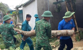 Bộ đội, dân quân, thanh niên hỗ trợ các hộ dân bị tốc mái nhà ở huyện Mường Lát 