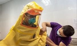 Bác sĩ Thân Mạnh Hùng nai nịt lên máy bay đón đồng bào về từ Guinea ảnh: THANH HUẾ