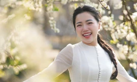 MC Đồng Thu khoe sắc giữa mùa hoa mận Mộc Châu
