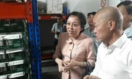 Bà Phạm Khánh Phong Lan kiểm tra kho lạnh của công ty Tốt Lành