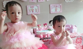 Trúc Nhi - Diệu Nhi xúng xính áo hồng trong ngày sinh nhật tròn 2 tuổi (nguồn: BVCC)