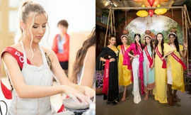 Dàn người đẹp Miss Charm 2023 mặc áo tứ thân, chơi trò chơi dân gian và thưởng thức phở