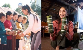 Hoa hậu H’Hen Niê cùng gia đình gói 400 đòn bánh tét tặng bà con quê nhà