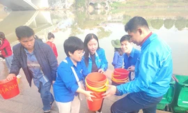Tuổi trẻ xung kích, tình nguyện giúp dân thả cá. Ảnh: Duy Chiến 