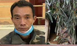 Đối tượng Thoại cùng tang vật gây án và hầm nơi ẩn nấp khi quay về nhà -Ảnh do công an cung cấp 