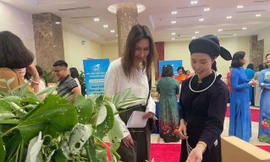 Chị Lăng Thị Thơ ( áo chàm) giới thiệu đặc sản xứ Lạng với du khách. 
