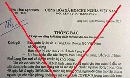 UBND tỉnh Lạng Sơn khẳng định nội dung văn bản này lan truyền trên mạng xã hội là giả mạo -Ảnh: TL