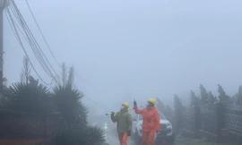 Sau 2 ngày băng tuyết xuất hiện thì ngày 22/2 đã tan biến dần, cán bộ ngành điện tăng cường công tác duy tu, bảo dưỡng các công trình điện trên Khu du lịch Mẫu Sơn -Ảnh: TL