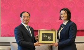 Bộ trưởng Ngoại giao Bùi Thanh Sơn tặng tranh cho Chủ tịch Thượng viện Bỉ Stephanie D’Hose. (Ảnh: Mofa)