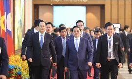 Thủ tướng Phạm Minh Chính và Thủ tướng Lào Sonexay Siphandone đồng chủ trì kỳ họp. (Ảnh: Nhật Minh)