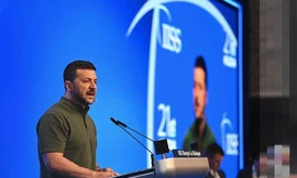 Tổng thống Ukraine Volodymir Zelensky phát biểu tại Đối thoại Shangri-La ngày 2/6. (Ảnh: ST)