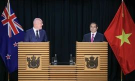 Thủ tướng Phạm Minh Chính và Thủ tướng New Zealand Christopher Luxon tại cuộc gặp báo chí sau hội đàm ngày 11/3. (Ảnh: Chinhphu.vn)