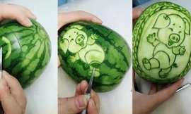 Clip: Khắc tỉa hình lợn trên dưa hấu đẹp mê ly 