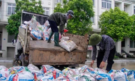 500 bao cát được đưa đến "làng" biệt thự triệu đô để ứng phó trước nguy cơ ngập lụt.