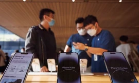 Các phiên bản iPhone 14 được trưng bày trong một cửa hàng ở Bắc Kinh. (Ảnh: Reuters)
