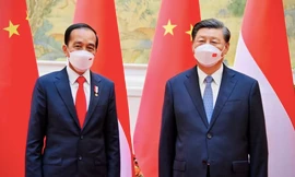 Chủ tịch Trung Quốc Tập Cận Bình (phải) đón Tổng thống Indonesia Joko Widodo tại Bắc Kinh Ngày 26/7