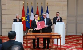 Tổng Bí thư Nguyễn Phú Trọng và Tổng thống Pháp Emmanuel Macron chứng kiến lễ ký kết.