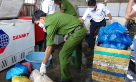 Đoàn kiểm tra phát hiện gần nửa tấn da heo thối ở TX Tân Châu.