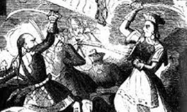 Tướng hải tặc mặc váy De Clisson (phải) giao tranh trên boong tàu Pháp (tranh vẽ giữa thế kỷ XIV).