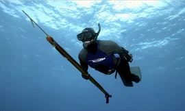 Một thợ săn cầm súng phóng xiên. Ảnh: NYTimes.