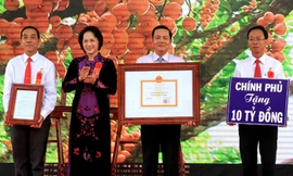 Chủ tịch Quốc hội Nguyễn Thị Kim Ngân trao quyết định công nhận nông thôn mới cho lãnh đạo huyện Phong Điền. Ảnh: Trường Ca.