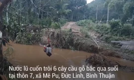 Cầu bị lũ cuốn, học sinh ngồi lồng sắt đu dây qua dòng nước xiết