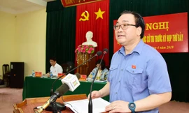 Bí thư Thành ủy Hà Nội Hoàng Trung Hải phát biểu tại Hội nghị tiếp xúc cử tri huyện Phúc Thọ