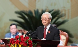 Tổng Bí thư, Chủ tịch nước Nguyễn Phú Trọng phát biểu tại Đại hội Đảng bộ thành phố Hà Nội sáng 12/10. Ảnh: Như Ý