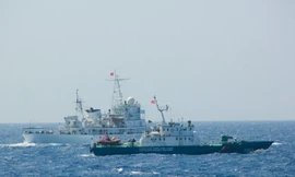 Tàu cảnh sát biển 2013 của Việt Nam (màu đậm) vừa bị hư hại do tàu Trung Quốc đâm. Ảnh: Thanh Niên